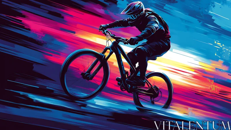 Downhill cyclist rides through neon streaks of speed and color