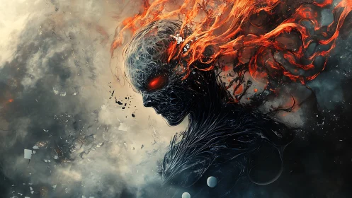 Fire crowned void entity with glowing red eyes emerges.