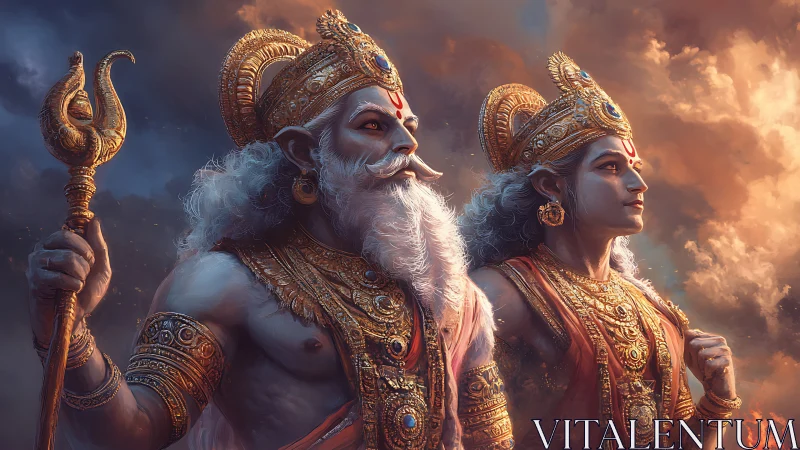 Regal celestial guardians glowing in sunset skies.