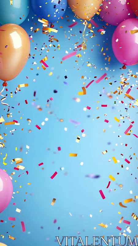 Balloons and Confetti Against Blue Sky.