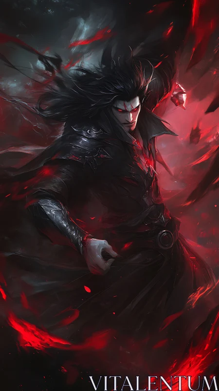 Dark armored figure with red energy accents in motion.