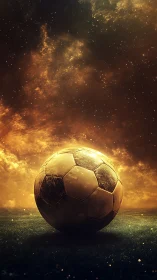 Starlit soccer orb resting beneath a blazing cosmic sky.