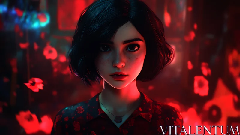 Quiet-eyed girl in glowing red dream of drifting petals.