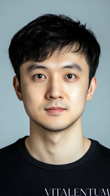 Studio portrait of young man in black shirt, neutral gaze.