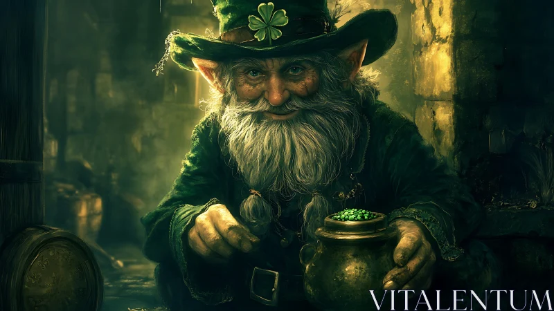 Iridescent leprechaun portrait with luminescent coin cauldron.