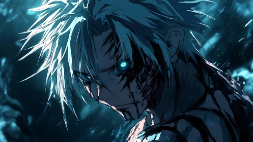 Battle-scarred anime warrior glows with fierce blue power.