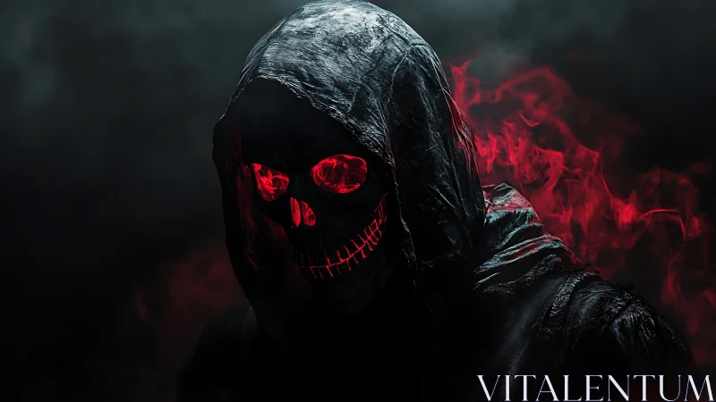 Hooded skeletal figure with red glowing eyes and smoke.
