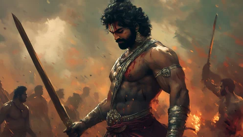 Battle-scarred warrior pauses in quiet strength amid flames