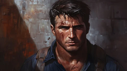 Wounded adventurer stares ahead in a gritty, dim corridor