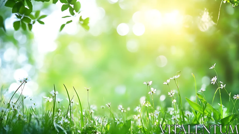 Sunlit wildflower meadow with soft focus and vibrant greens.