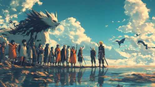 Group of warriors stands on reflective shore under vast sky
