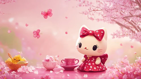 Kawaii cat figurine enjoys pink cherry blossom tea picnic