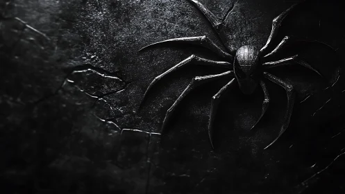 Dark metallic spider emblem resting on cracked stone wall.
