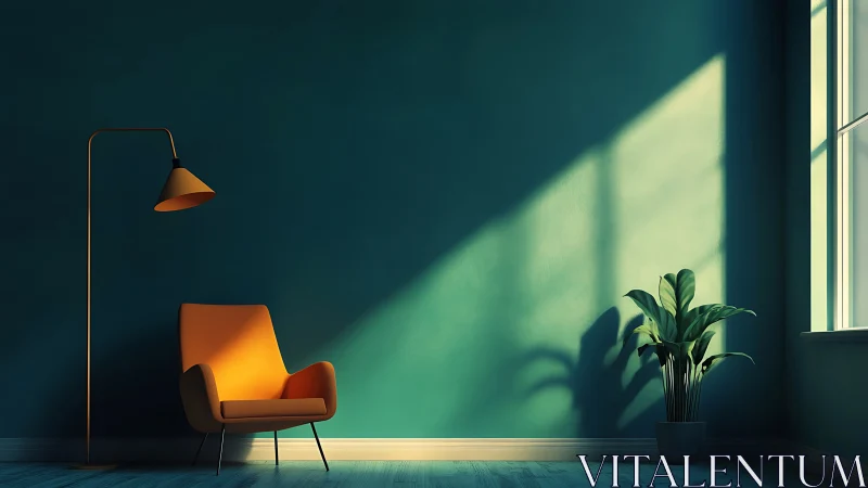 Sunlit teal interior with modern orange lounge chair.