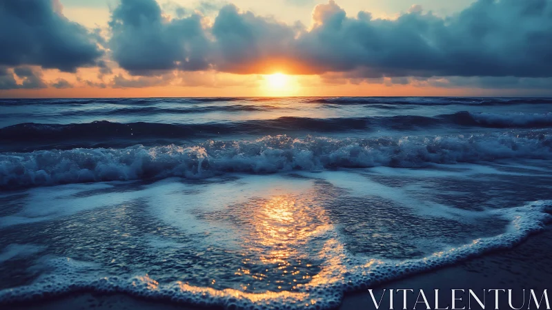 Low-angle ocean shoreline at sunset with reflective wave crests