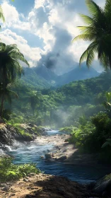 Lush jungle river winds toward misty, cloud-capped mountains.