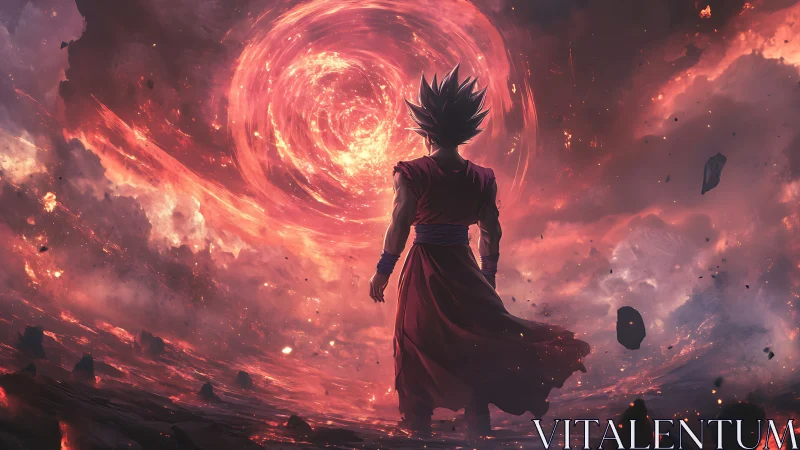 Lone warrior gazing into a swirling cosmic fire portal.