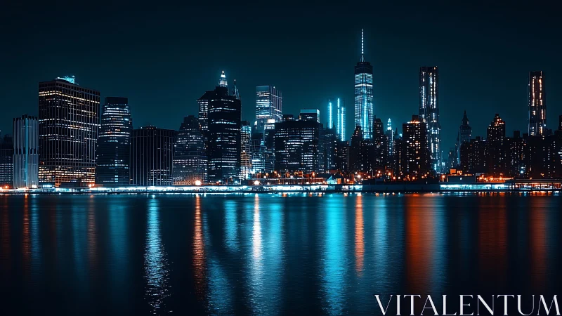 Neon-lit modern skyline reflects across calm nocturnal harbor