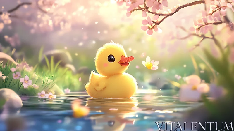 Springtime duckling in soft-focus blossom-lined stream light