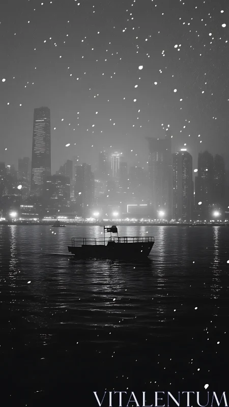 Lone harbor boat drifting beneath a snowfall of city lights.