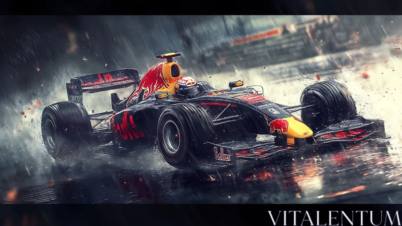 Roaring F1 race car slices through stormy wet racetrack