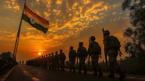 Sunset-lit military column beneath large Indian tricolor flag.
