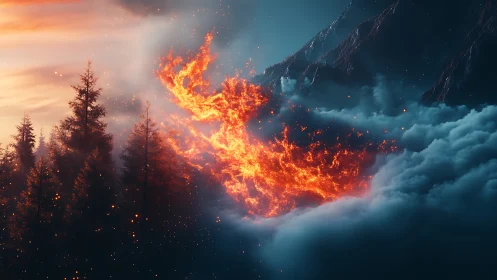 Phoenix Rising from Mountain Valley. Inferno Engulfs Alpine Landscape.