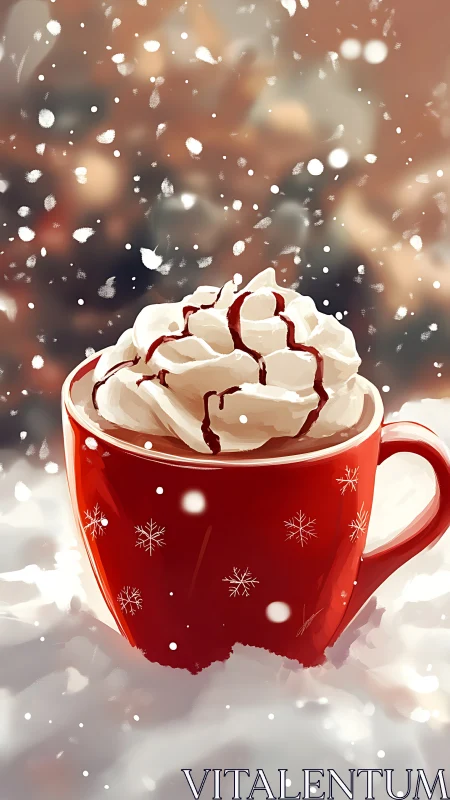 Holiday cocoa mug brims with whipped cream in gentle snowfall.