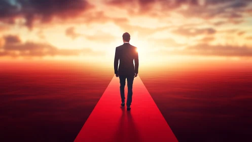 Businessman Walking Red Carpet at Sunrise.