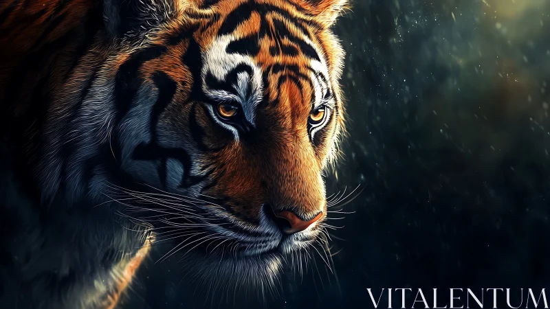 Amber-eyed tiger in quiet rainlit jungle shadows.