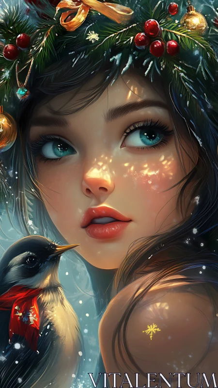 Winter portrait of girl with bird and festive wreath.