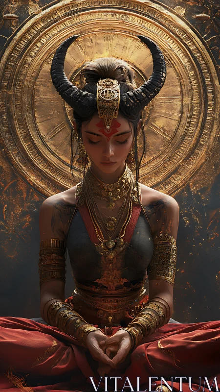 Horned warrior priestess in ornate golden meditation pose.