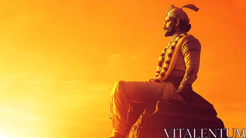Side-lit regal warrior seated on rock against saturated orange sky