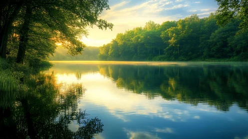 Sunrise whispers over a glassy forest lake mirror.
