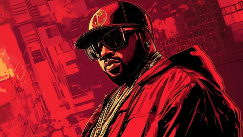 Bold hip-hop portrait glows in neon red cityscape.