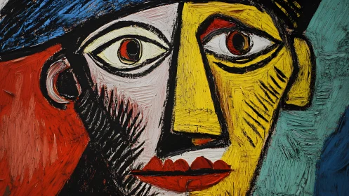 Abstract cubist portrait with bold colors and expressive brushwork.
