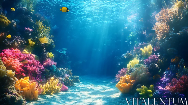 Colorful coral reef with tropical fish in clear blue water.