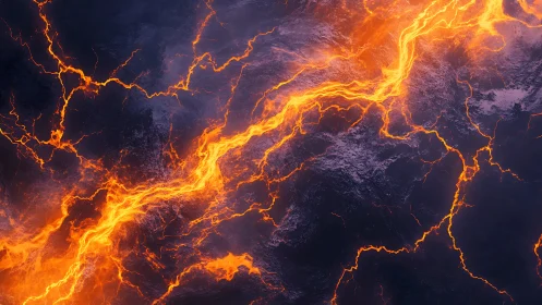 Lava flow terrain with bright incandescent channels and dark cooled ground.