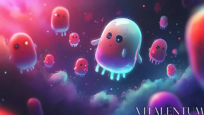 Floating jellylike creatures drift through colorful nebula