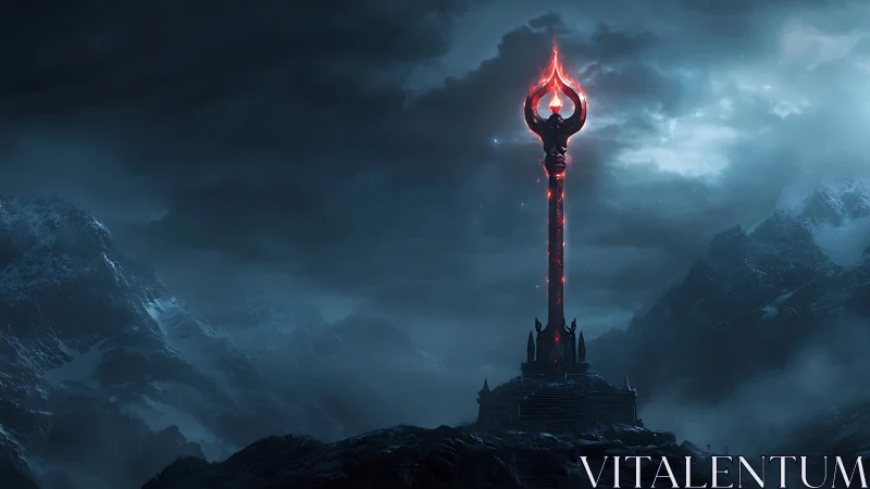 Dark mountain citadel with towering red magical staff