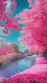 Vibrant cherry blossom canal glows under clear cyan sky