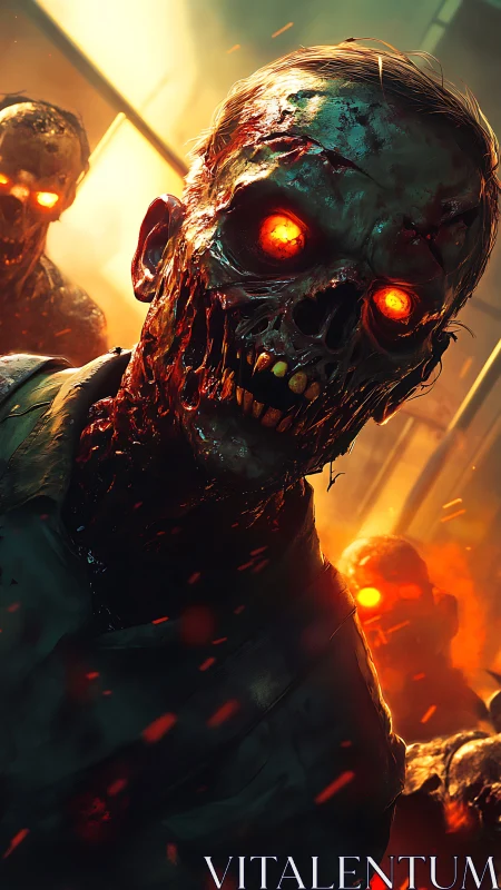 Flaming-eyed zombie horde lunges through burning corridor