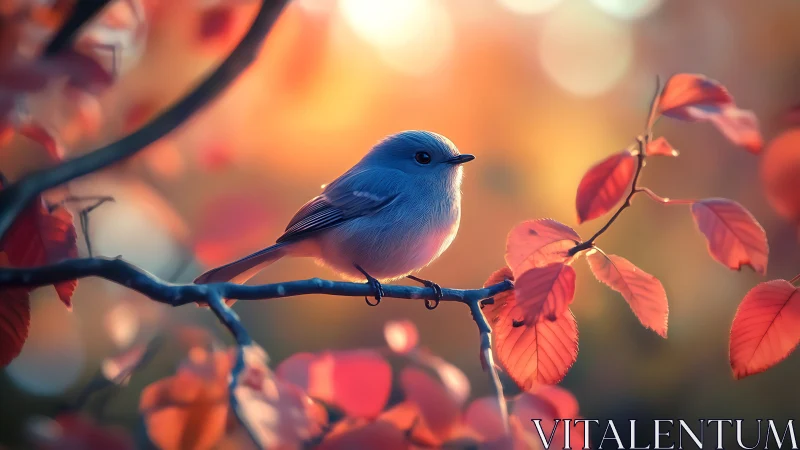 Blue songbird on branch in dreamy autumn bokeh, digital art style.