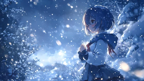 Schoolgirl stands in glowing winter snowfall under deep blue sky