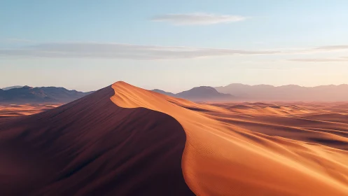 Sunlit desert dunes curling toward distant blue mountains.
