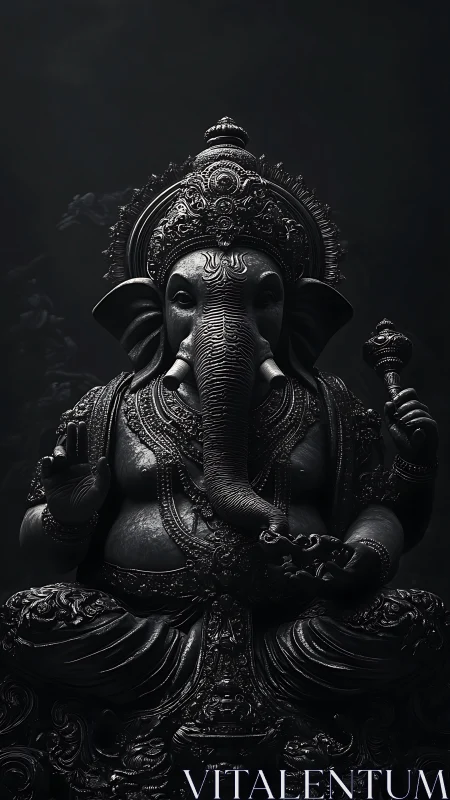 Ganesh idol in dramatic monochrome low-key studio lighting.