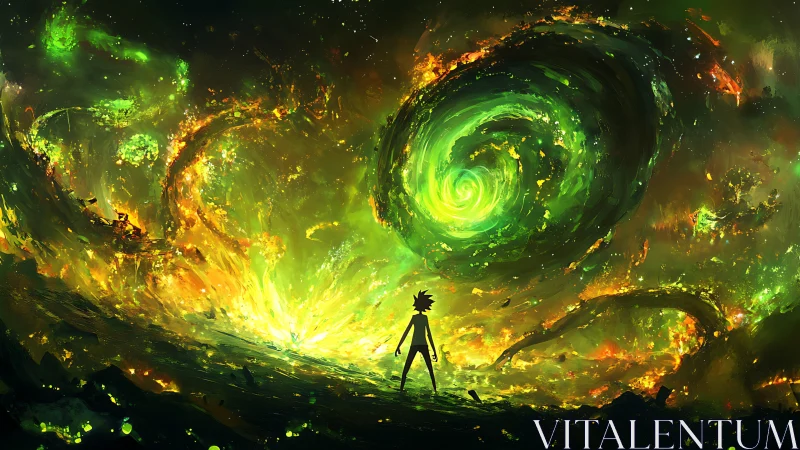 Lone explorer gazes into swirling neon cosmic storm