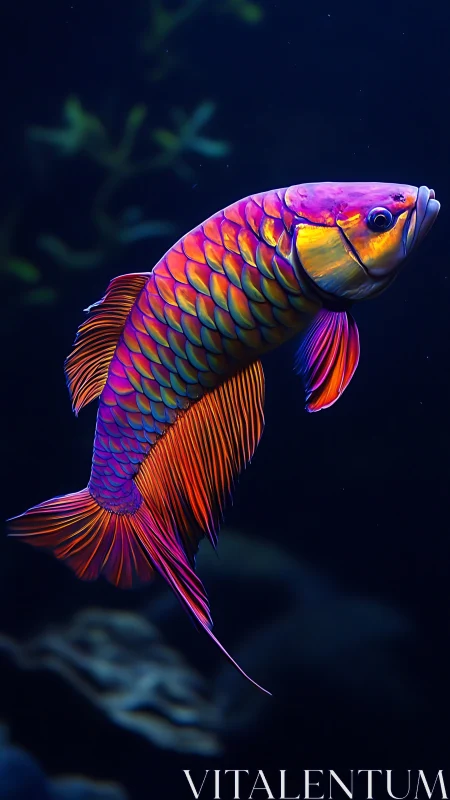 Neon arowana fish glows against deep aquatic shadows.