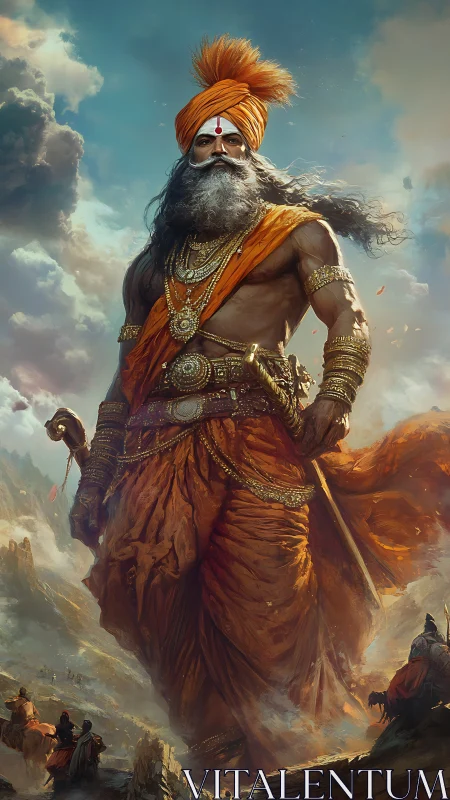 Colossal warrior sage strides through stormlit mountainscape.