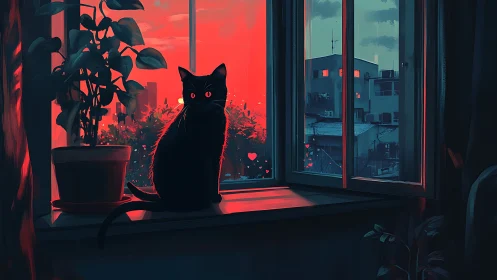 Midnight-eyed window cat in glowing neon dusk hush.